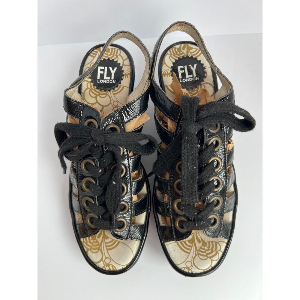 Fly London Yito Black Patent Leather Caged Wedge Sandals EU 39 US 8.5